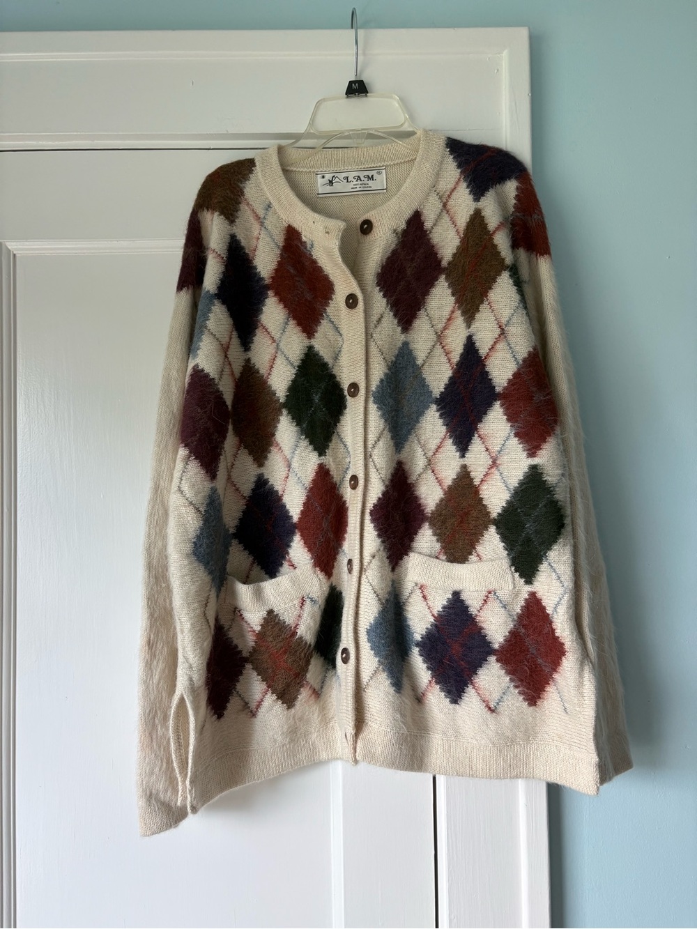 Vintage L.A.M. 100% Alpaca Argyle Cardigan Sweater XL Made in Bolivia Thick Knit